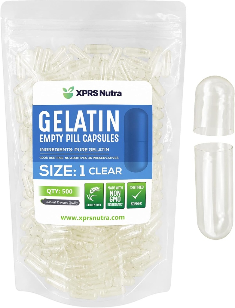 XPRS Nutra Taille 1 Capsules vides - 500 Compte Capsules de gélatine vides - Pills Bricolage Capsule Remplissage - Pure Pilule Gel Caps pour Do-It-Youlf Suppléments (Clear)