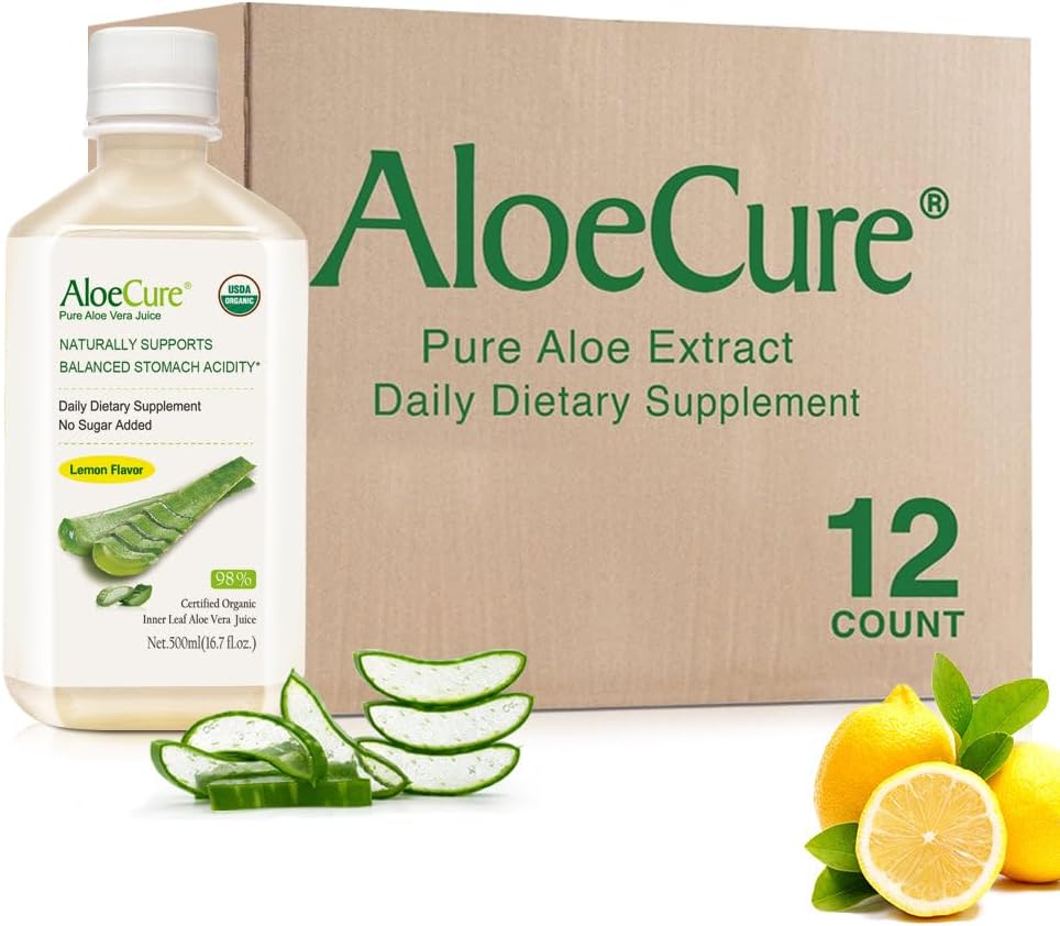 AloeCure USDA Aloe Vera Bio Jus de citron Saveur - Fabriqué dans les 12 heures de la récolte - Supplément digestif naturel pour l'acidité équilibrée de l'estomac - Soutien de la santé digestive et immunitaire, 12 Btls x 16,7oz