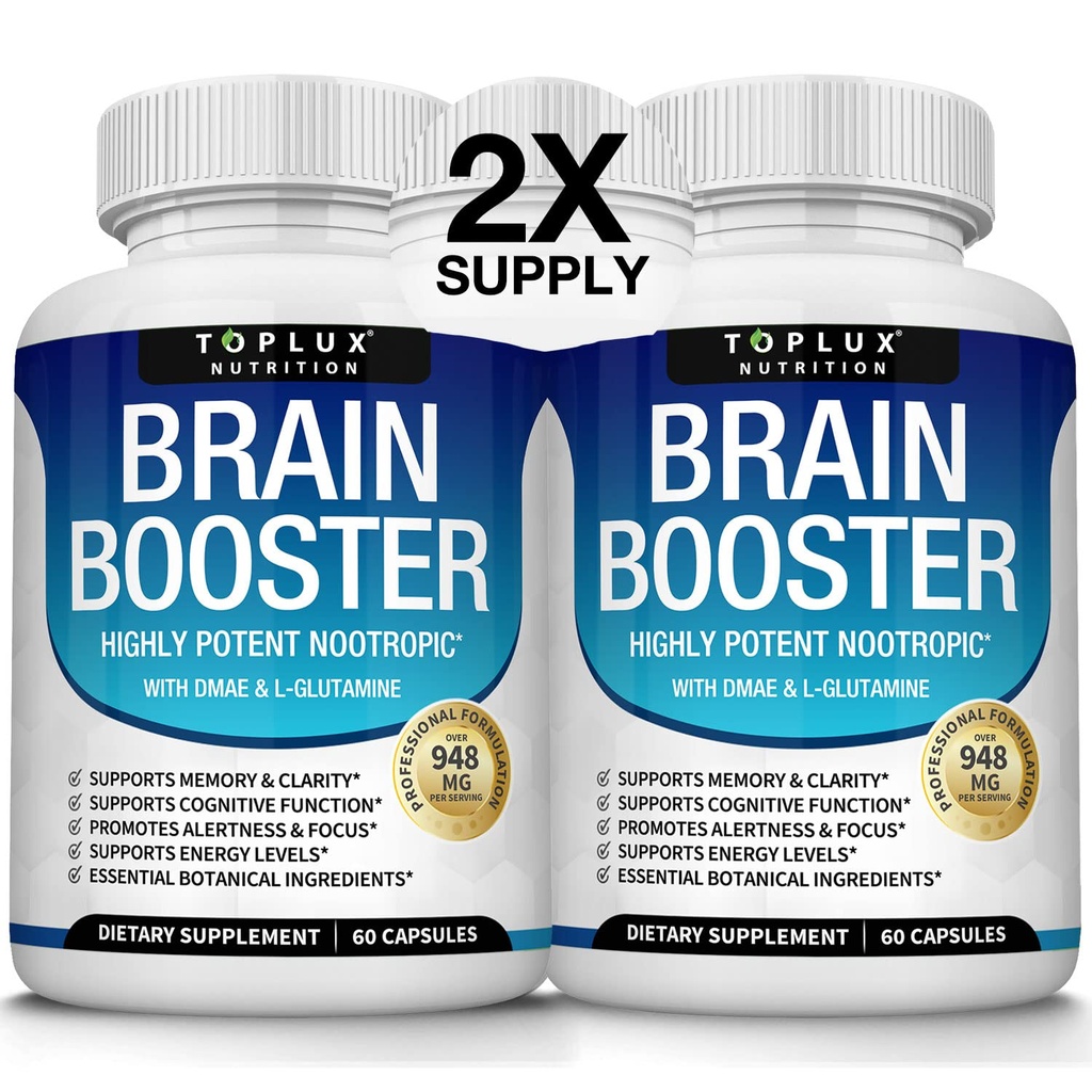 Supplément Cerveau Toplux Nootropic – Pills Cerveaux Vitamine avec DMAE, Bacopa Monnieri, L-Gutamine, pour hommes Femmes, 60 Capsules, Nutrition