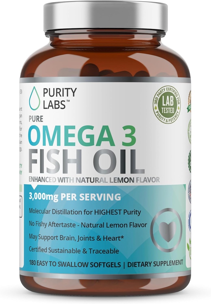 Purity Labs Omega 3 Huile de poisson 3000mg – Suppléments acides gras Omega 3 pour soutenir la santé du coeur et du cerveau - Supplément de soutien immunitaire - 180 Softgels (60 portions)