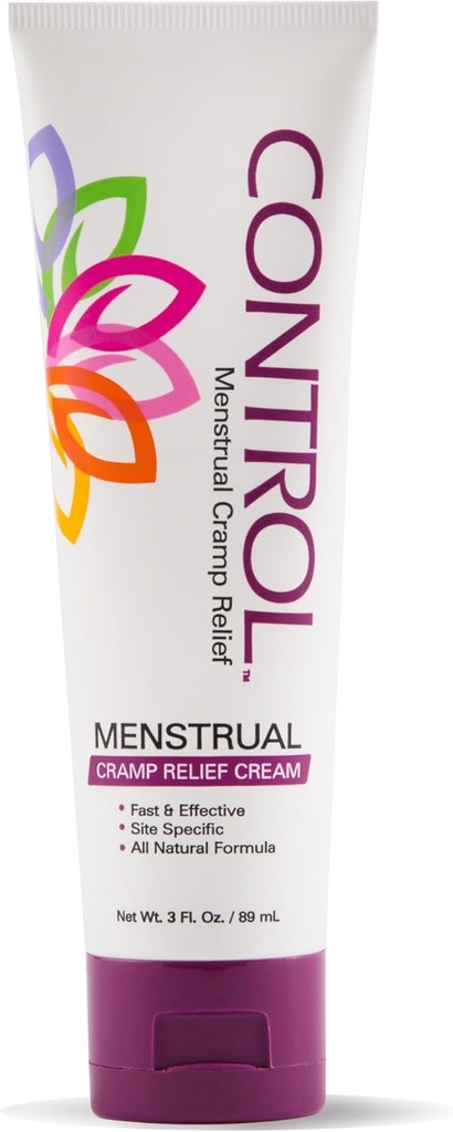 CONTRÔLE, Crème de soulagement de la crampe menstruelle, Allégement de la douleur topique pour les crampes et les PMS, Produits de soulagement de la période, rapide et efficace, facile à utiliser, sûr pour tous les âges, sans hormones, tout naturel, tube de 3 oz.