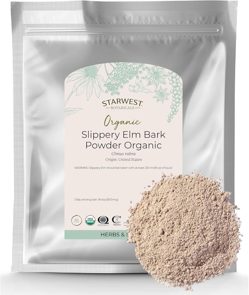 Starwest Botanicals Poudre d'écorce d'orme biologique pour les femmes et les hommes - Herbe traditionnelle pour le thé et le bien-être, Profitez avec le lait et l'édulcorant, Certifié Kosher, Non-OGM - Bulk 1 lb Sac