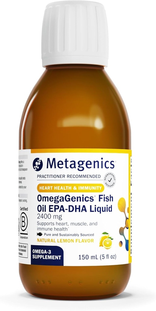 Metagenics OmegaGenics EPA-DHA 2400 mg - High Potency Liquid Fish Oil Supplement for Heart Health & Immune Support* - Sustainably Sourced - Lemon Flavor - Non-GMO & Gluten-Free - 30 Servings