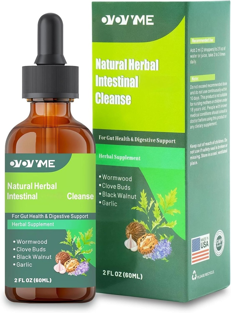 Nettoyant intestinal naturel à base de plantes, 2 fl oz, Gut Health Support with Wormwood, Noix noire, Clove, Ail