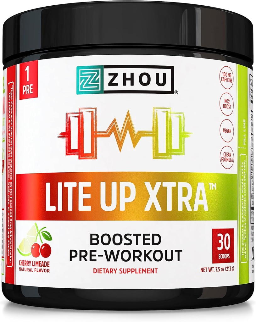 Zhou Lite Up Xtra - Poudre de pré-entraînement sans sucre pour les femmes et les hommes, Supplément de pré-entraînement avec caféine pour l'énergie propre, support de l'acide aminé, hydrate et focus, basé sur les plantes - 30 scoops