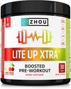 Zhou Lite Up Xtra - Poudre de pré-entraînement sans sucre pour les femmes et les hommes, Supplément de pré-entraînement avec caféine pour l'énergie propre, support de l'acide aminé, hydrate et focus, basé sur les plantes - 30 scoops