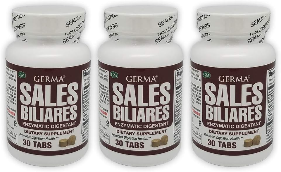 Germa Bile Salts Complément alimentaire naturel. Digestion enzymatique. Aides à la digestion de l'amidon, des protéines et des graisses. 30 comprimés. Boîte de 3