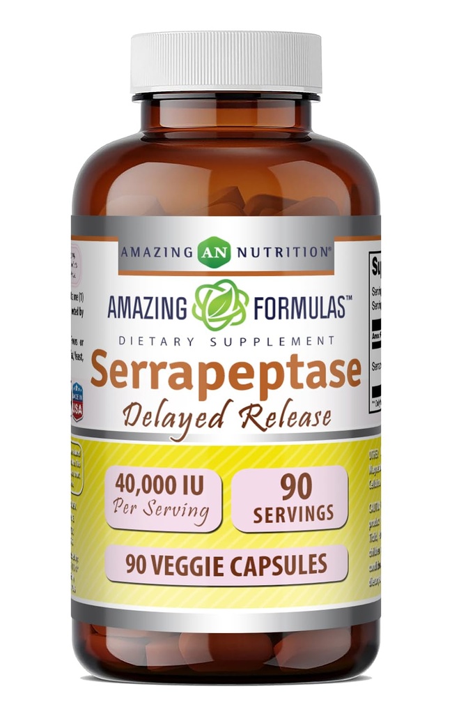 Formules étonnantes Supplément Serrapeptase : 40 000 UI Capsules veggies : non-OGM : sans gluten Fabriqué aux États-Unis (90 Nombre)