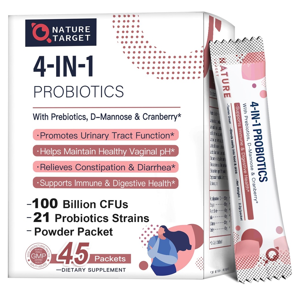 NATURE TARGET Probiotiques pour les femmes Prébiotiques et probiotiques-Powder, 100-Billion-UFC 45-Jour-Supply, Probiotique pour les femmes avec D-Mannose et canneberge pour la santé urinaire