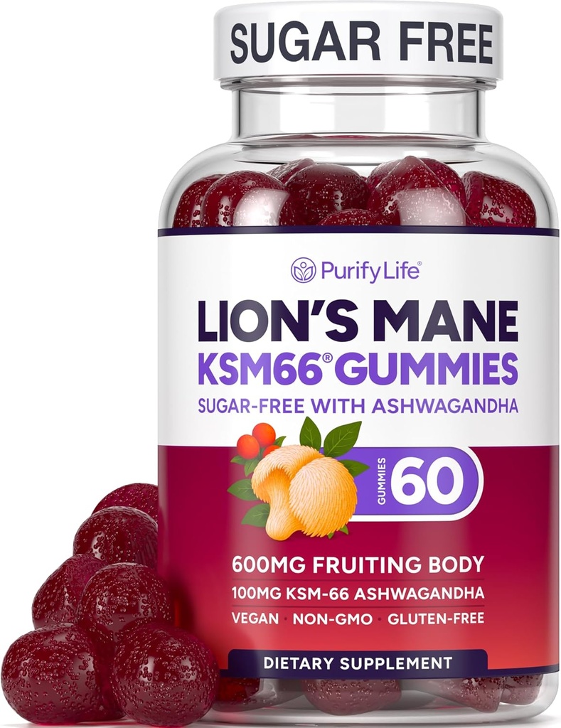 Supplément Lions Sans Sucre Gommies avec KSM-66 Ashwagandha - Supplément Nootropique pour la Cognition, le Brain Fog, la Clarté Mentale, Focus & Stress Support - Natural Berry Flavor, Vegan, Fabriqué aux États-Unis
