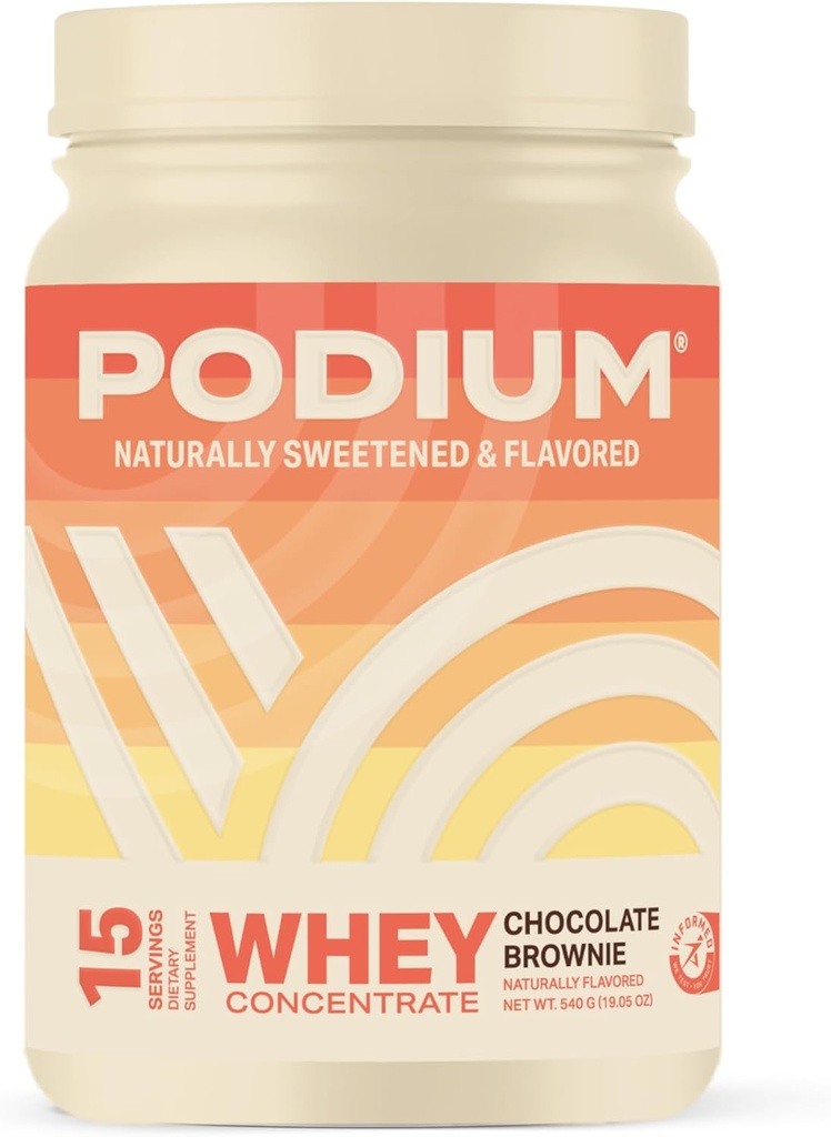 Podium Nutrition Poudre de protéines de lactosérum, Chocolat Brownie, 22g Protéines par portion avec enzymes digestives, Isolat et concentré de protéines de lactosérum, sans gluten, faible teneur en glucides, faible teneur en sucre et sans soja, 15 portions