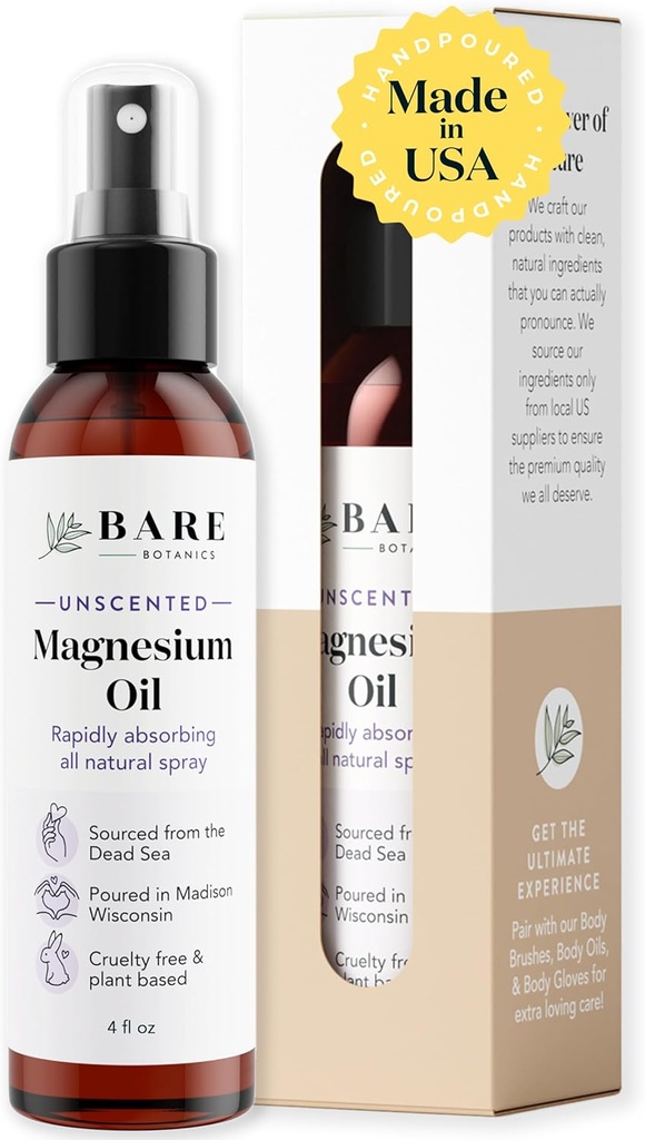 Bare Botanics Unscented 4oz Pure Magnésium Oil Spray de la mer Morte , Absorbant Rapidement , Handpoured in Madison , WI , Supports Sleep & Soothes Mal Muscles