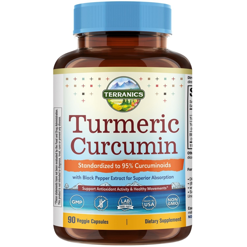 Supplément curcumin curcumin curcuma, 1800mg, avec poivre noir 15mg pour l'absorption maximale, 95% Curcuminoïdes, Mobility & Antioxydant Support, Fabriqué aux États-Unis, Non-OGM, Pas de gluten, 90 Capsules Vegan