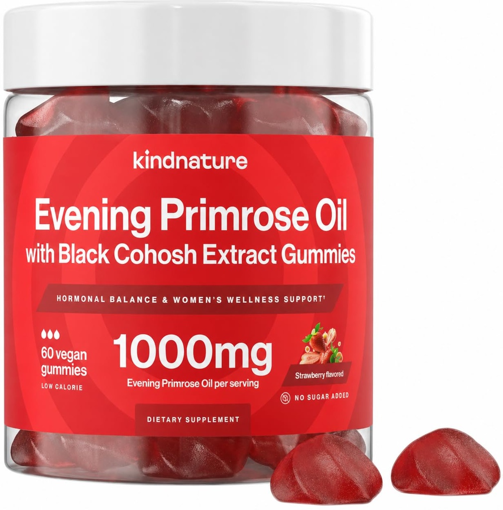 kindnature soirée huile de Primrose Gummies pour les femmes – 1000mg avec extrait de coho noir – équilibre hormonal, PMS et soutien à la ménopause – végétalien, sans sucre, non-OGM