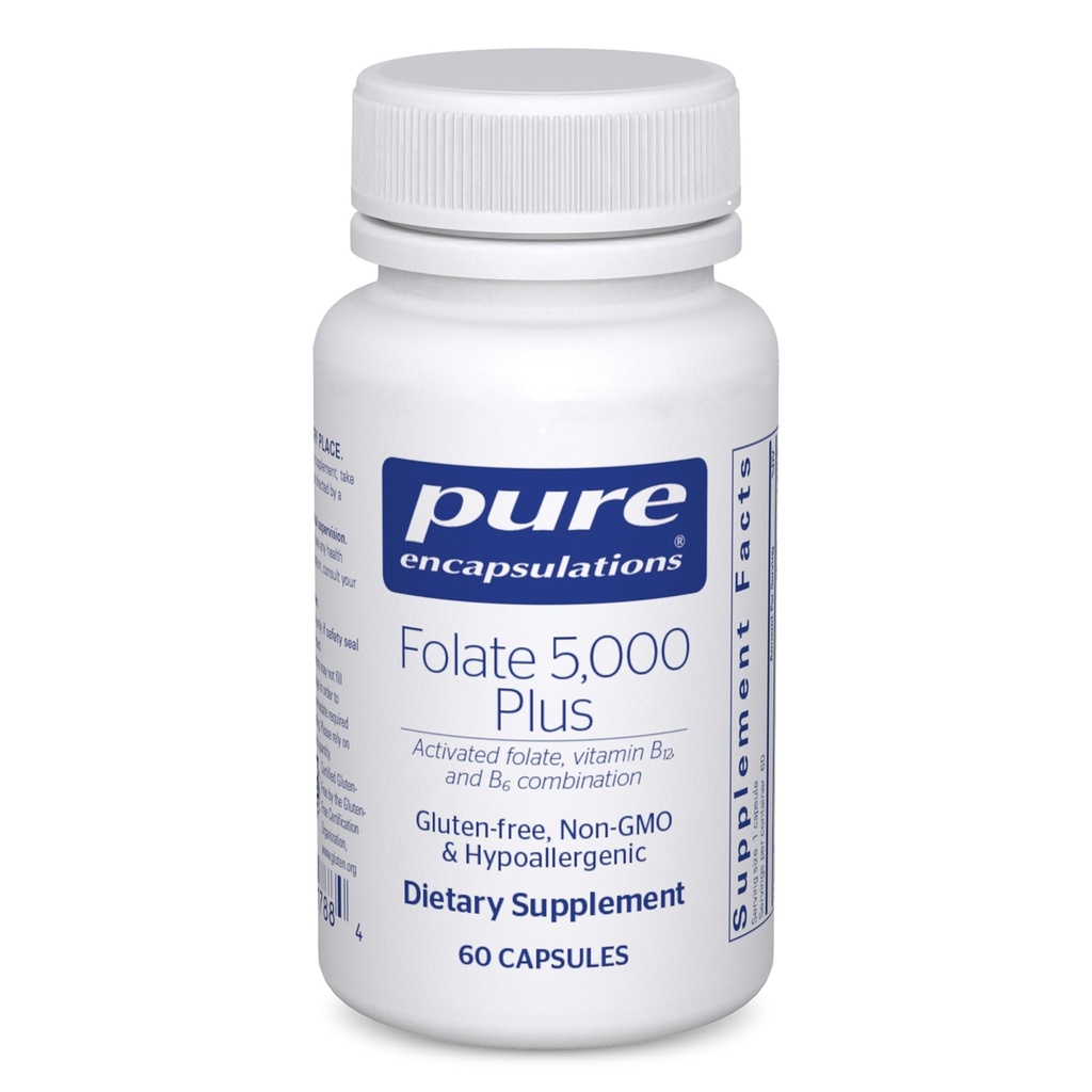 Encapsulations pures - Folate 5 000 Plus - Folate activé, combinaison vitamine B12 et vitamine B6 - 60 capsules