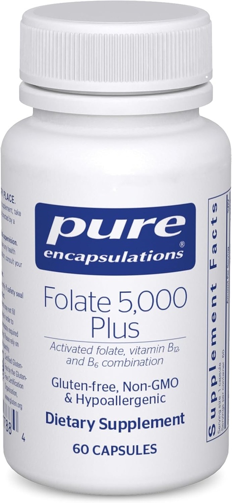 Encapsulations pures - Folate 5 000 Plus - Folate activé, combinaison vitamine B12 et vitamine B6 - 60 capsules