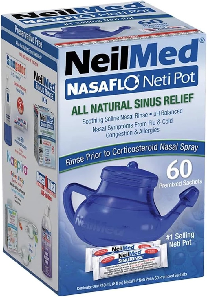 NeilMed NasaFlo Unbreakable Neti Pot avec 60 paquets prémélangés