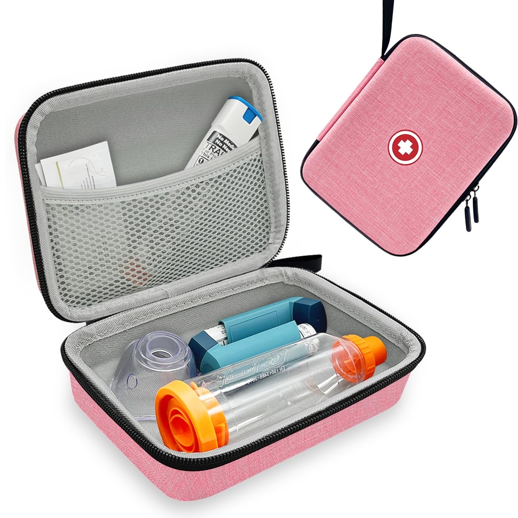 Cas d'inhalateur durs pour enfants et adultes, Cas d'inhalateur d'asthme avec poche en mesh pour la médecine et autres accessoires, rose (Bag seulement)