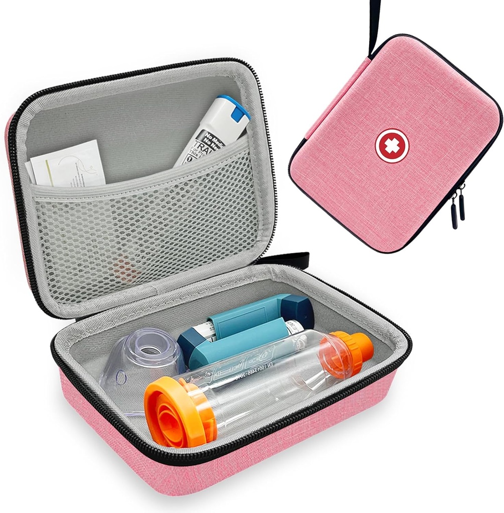 Cas d'inhalateur durs pour enfants et adultes, Cas d'inhalateur d'asthme avec poche en mesh pour la médecine et autres accessoires, rose (Bag seulement)