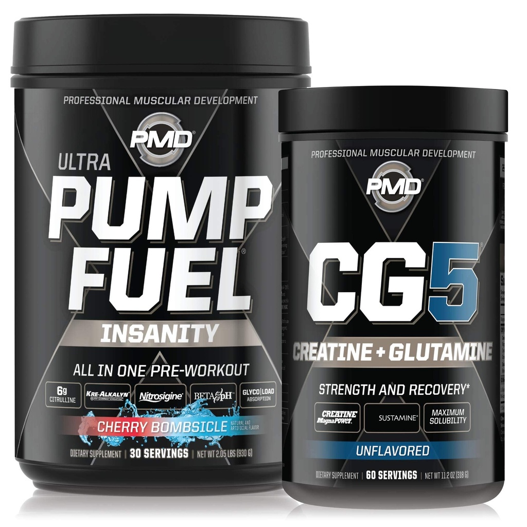 PMD Sports Ultra Pompe Fuel Insanité - Préentraînement – Bombes à cerise (30 portions) Sports CG5 Premium Créatine et L-Glutamine en poudre (60 portions)