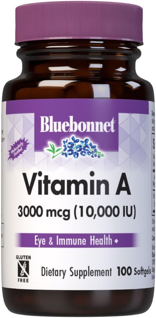 Bluebonnet Nutrition Vitamine A 10 000 UI de l'eau profonde, de l'eau froide, de l'huile de poisson - Pour la santé des yeux et la fonction immunitaire* - Sans gluten - Sans lait - Distillé moléculairement - 100 softgels - 100 portions