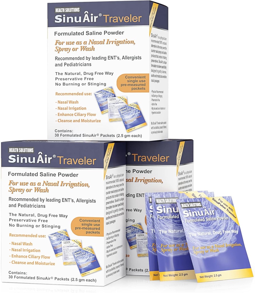 SinuAir 2.5 Gram Saline Packets - Chlorure de sodium avec Potassium et Calcium, Salt Solution Packs de recharge en poudre pour machine d'irrigation nasale, 90 Packets