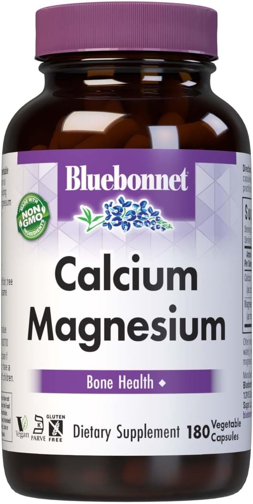 Bluebonnet Nutrition Calcium et magnésium, santé des os*, sans soja, sans gluten, sans OGM, végétalien, parve casher, 180 capsules végétales, 60 portions