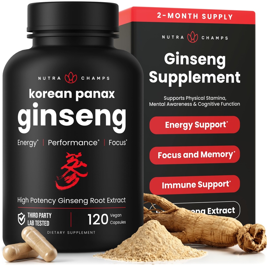 NutraChamps Capsules de Ginseng Panax Rouge Coréen , Ginsenosides Extra Streng pour l'énergie, le focus, la performance, la vitalité et le soutien immunitaire