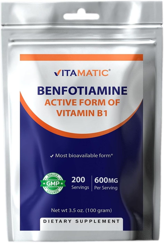 Vitamatic Benfotiamine Pure Poudre 600 mg par portion - 100 grammes - Aussi appelé vitamine B1 soluble dans le gras