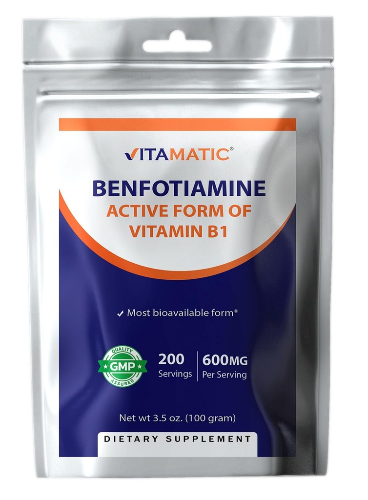 Vitamatic Benfotiamine Pure Poudre 600 mg par portion - 100 grammes - Aussi appelé vitamine B1 soluble dans le gras