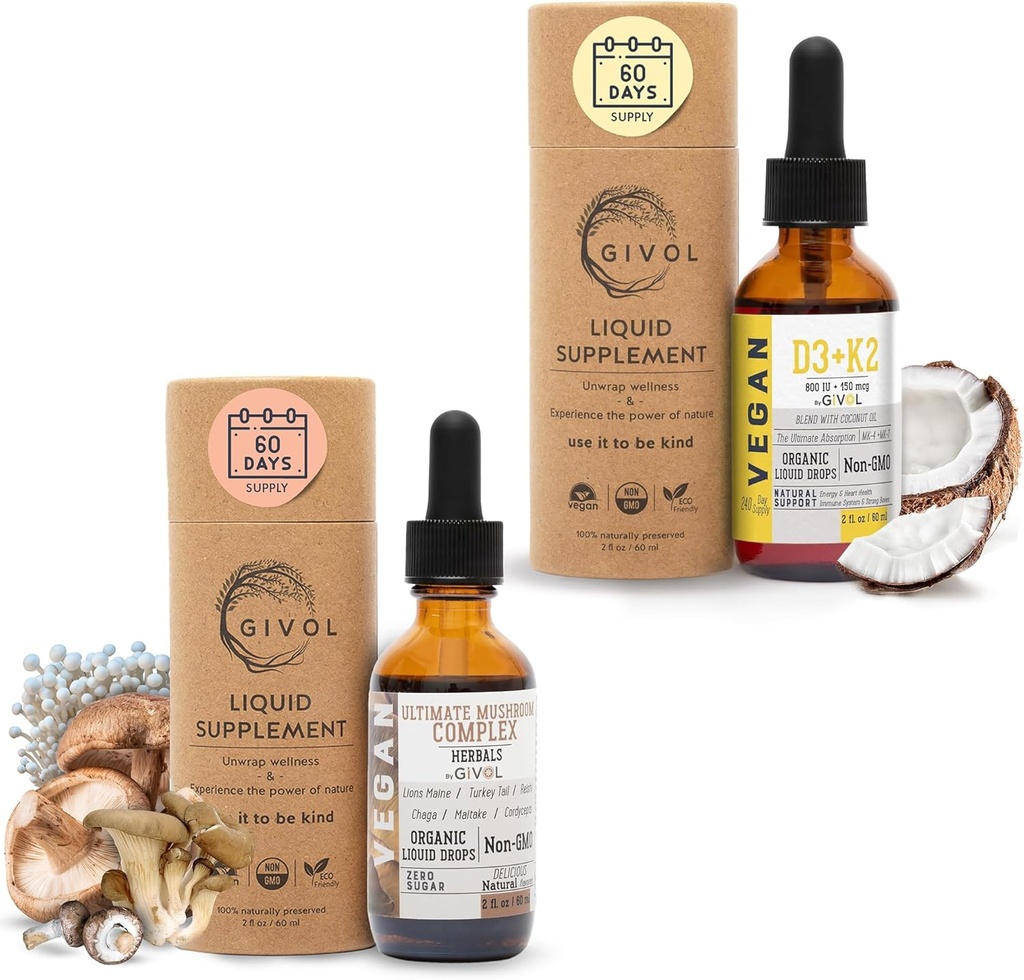 Ultimate Mushroom complexe gouttes liquides avec vitamine D3 + K2 (MK4 & MK7) pour le bien-être naturel : formule végétale, végétalienne avec huile de coco fractionnée - Supports et vitalité quotidienne