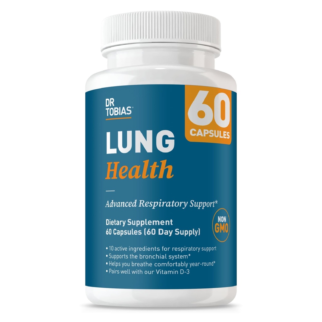 Dr Tobias Supplément de santé pulmonaire avec vitamine C, Butterbur, Quercetin et Bromelain, formule avancée de désintoxication pulmonaire pour le système bronchique et respiratoire, non-OGM, 60 capsules, 60 portions