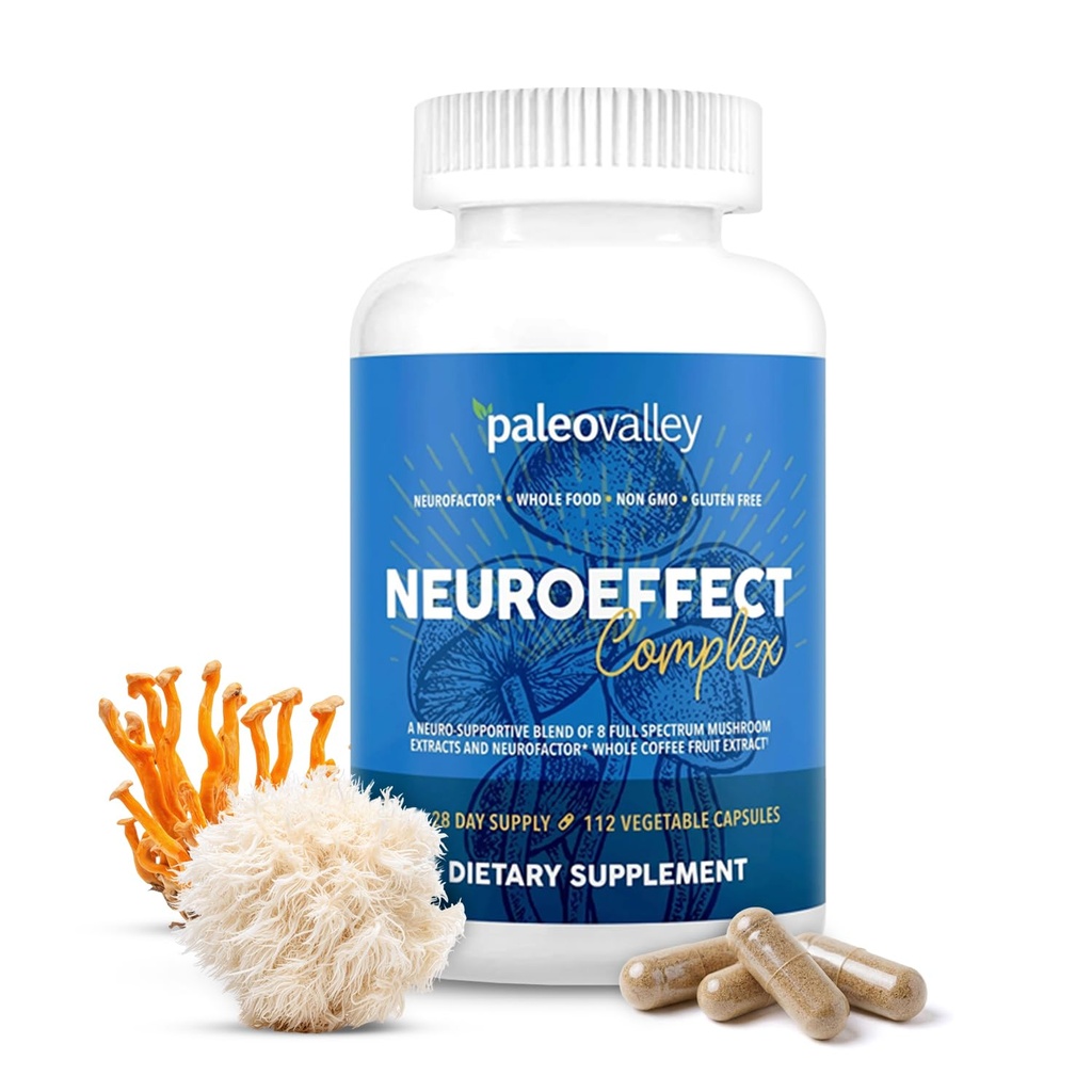 Paleovalley NeuroEffet - Supplément nutritionnel pour le café de champignons Neuro pour le soutien de la concentration, de la mémoire et de l'énergie - 28 jours d'approvisionnement - 8 extraits entiers de champignons et de fruits de café