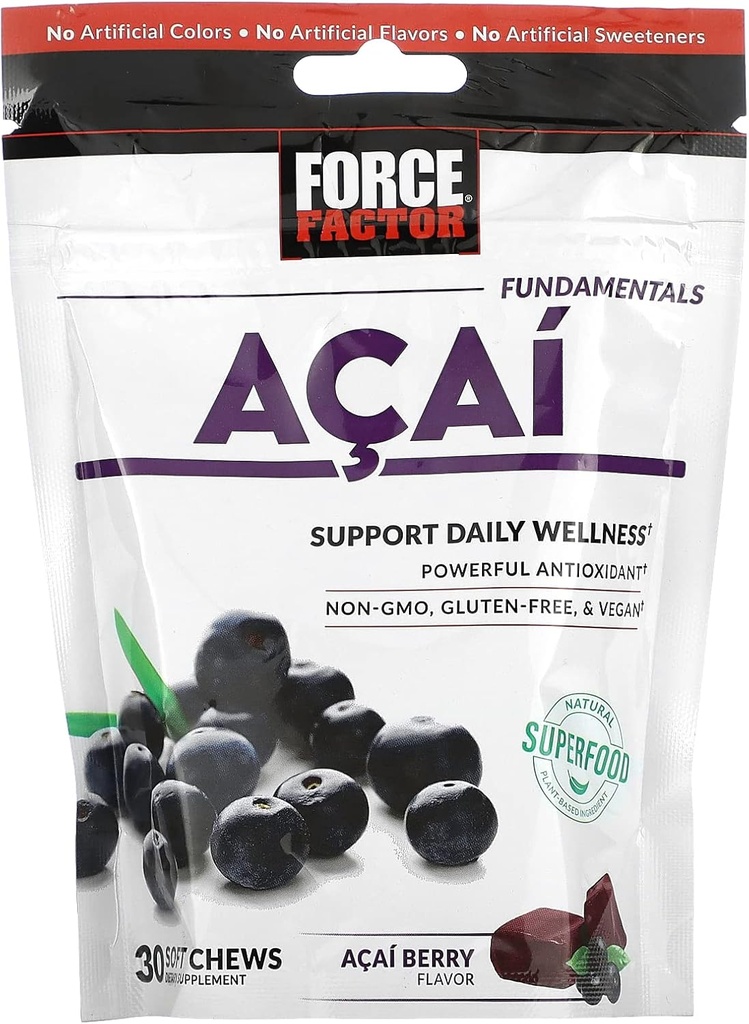 Facteur de force Acai Soft Chews pour le soutien immunitaire, la défense contre le stress oxydatif, et le bien-être quotidien, Superfood et Supplément antioxydants, non-OGM, sans gluten, et végétalien, Acai Berry Flavor, 30 Chews doux