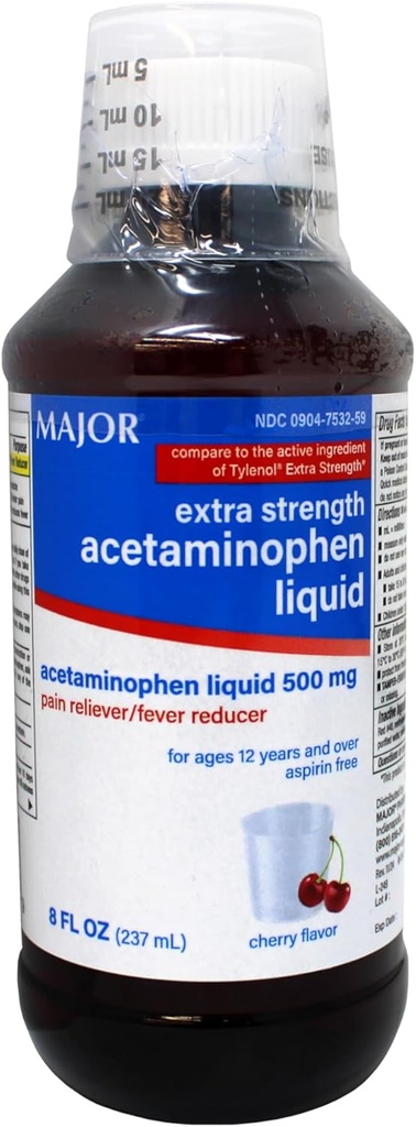 MAJOR Adult Extra Strength Liquid Acetaminophen - 500 mg Acetaminophen/15 mL Dose - Pain Reliever and Fever Reducer - Cherry Flavor - 8 Fl Oz (Packaging May Vary)