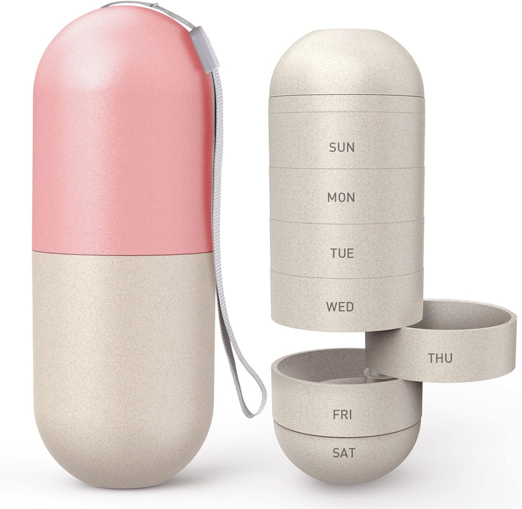 Zannaki Modernisation Grand Compartiment Fibre de Grain Moisture Proof Cute Weekly Pill Organizer, Laser Carving Markings, BPA Voyage libre Randonnée 7 jours Pill Box Case pour tenir les pilules, les vitamines, l'huile de poisson, suppléments