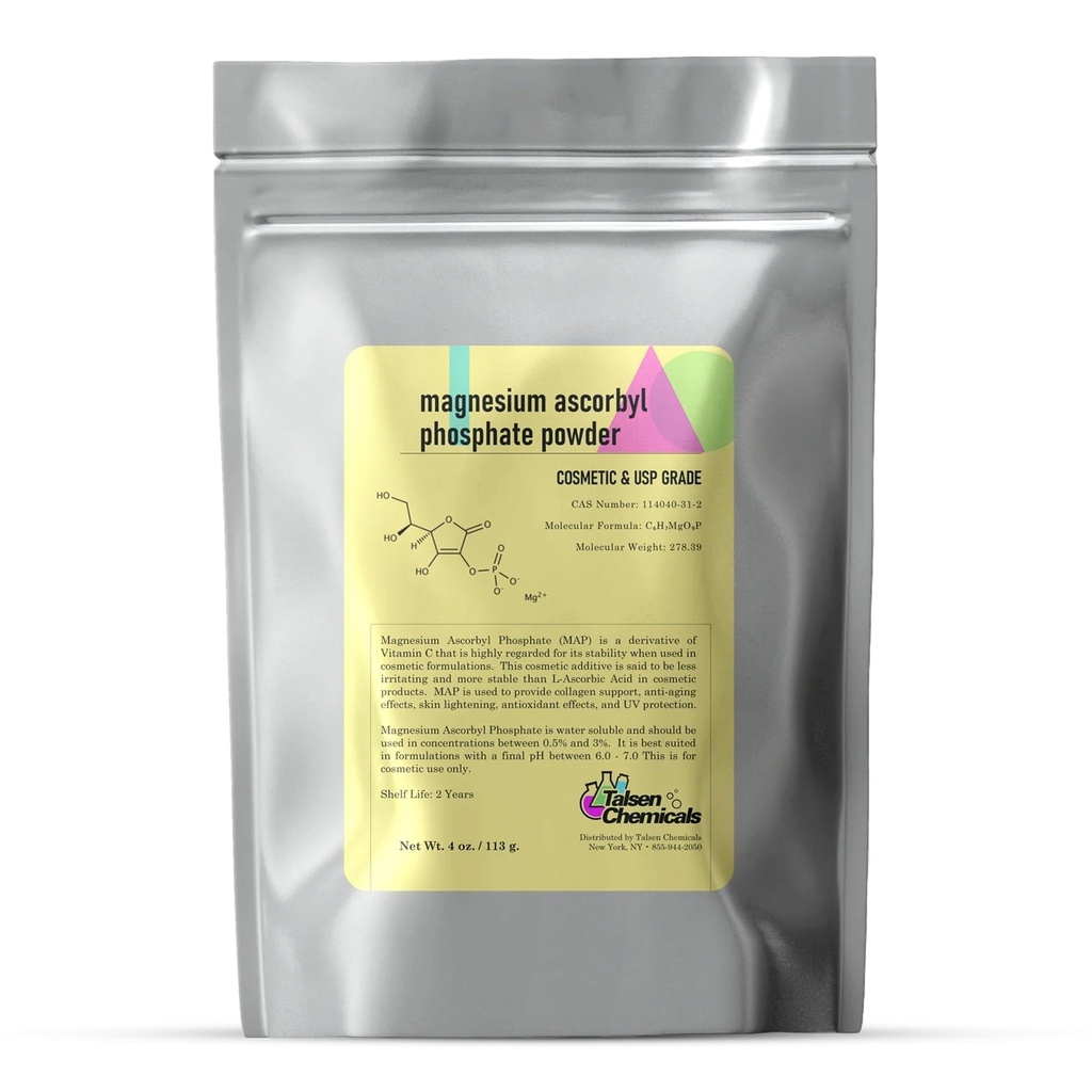 Magnesium Ascorbyl Phosphate Powder, Magnesium Ascorbyl Phosphate Stable Vitamin C, Magnesium Ascorbyl Phosphate MAP Powder for DIY Skincare Products Talsen Chemicals (4 Ounce / 113 Grams)