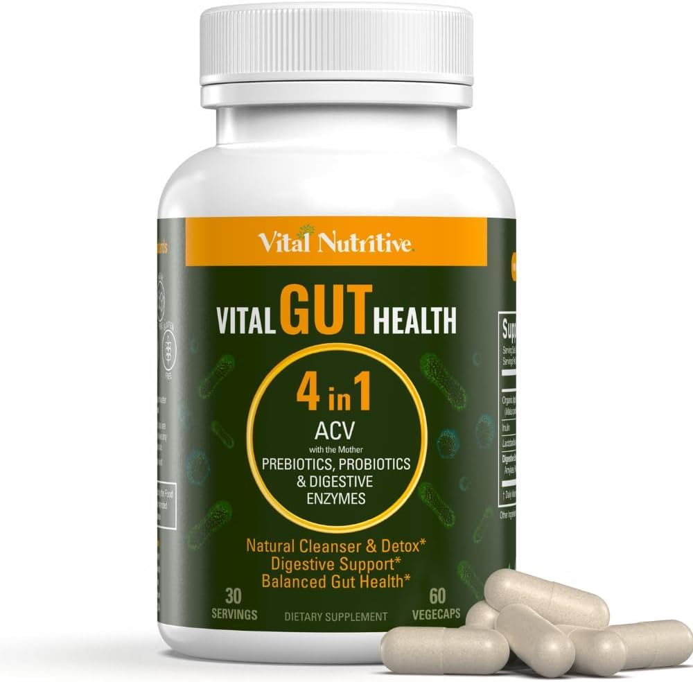 Formule Vital Gut Health 4in1 avec vinaigre de cidre de pomme, prébiotiques et probiotiques, enzymes digestives pour un soutien immunitaire fort et un soutien complet Gut et digestion
