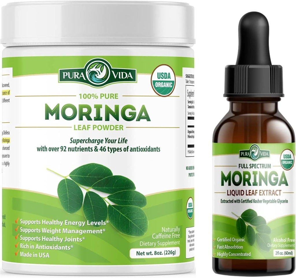 Poudre de Moringa Origine biologique unique (8 oz) et gouttes d'extrait de feuille de Moringa (2 oz)