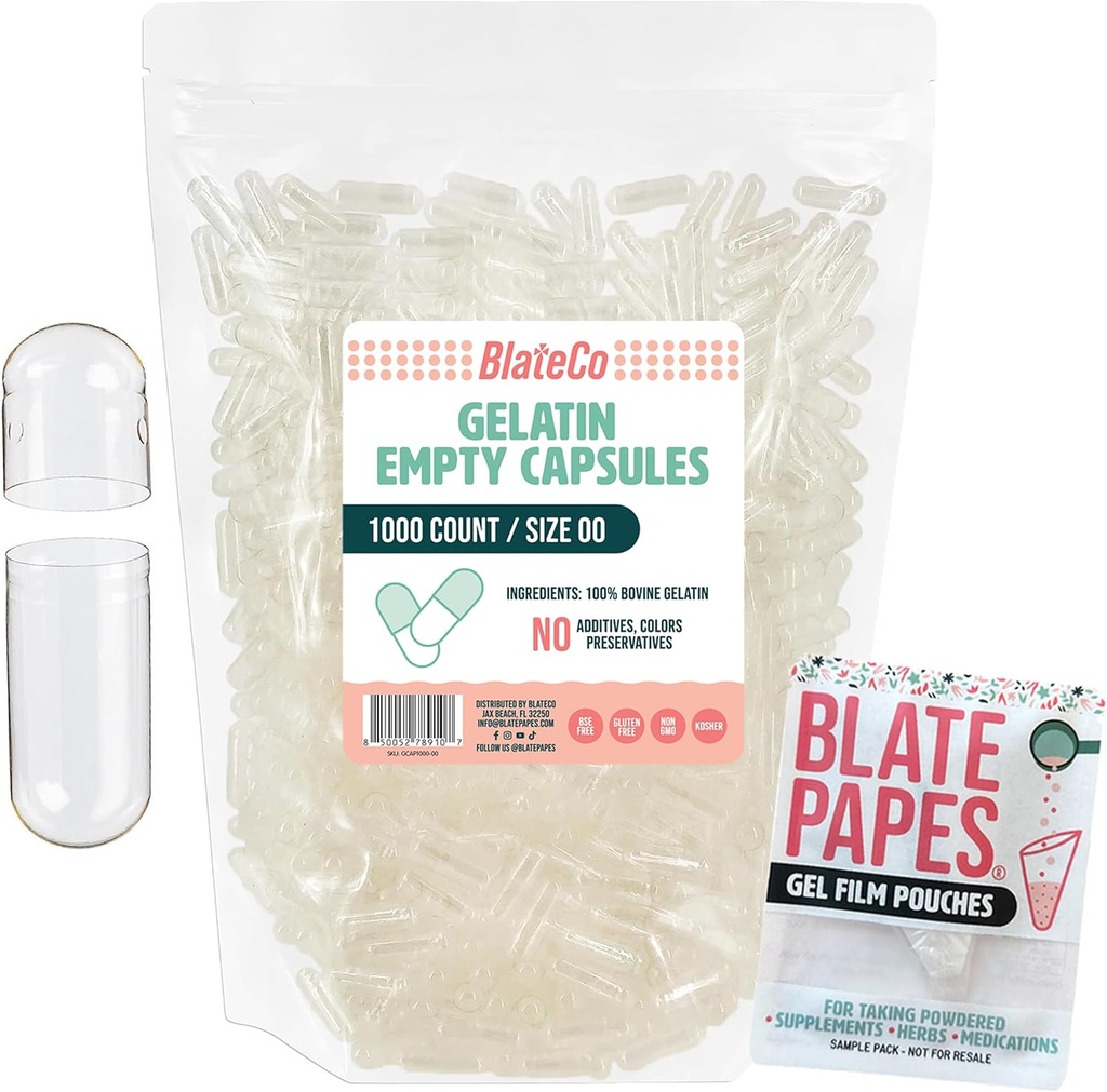 BlateCo Premium Taille 00 Capsules de gélatine vides, 1000 Compte (Clear) avec Blate Papes® Gel Film Pouches - Nouveau, non-OGM bouchons de pilules rechargeables dans un sac refermable - Rien d'artificiel, jamais.