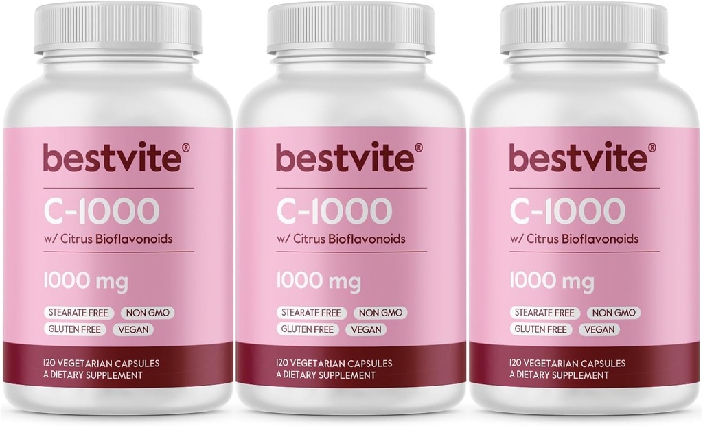 BESTVITE Vitamine C 1000mg (360 Capsules végétariennes) (120 x 3) avec les agrumes Bioflavinoides - Pas de stéarate - Vegan - Non OGM - Sans gluten