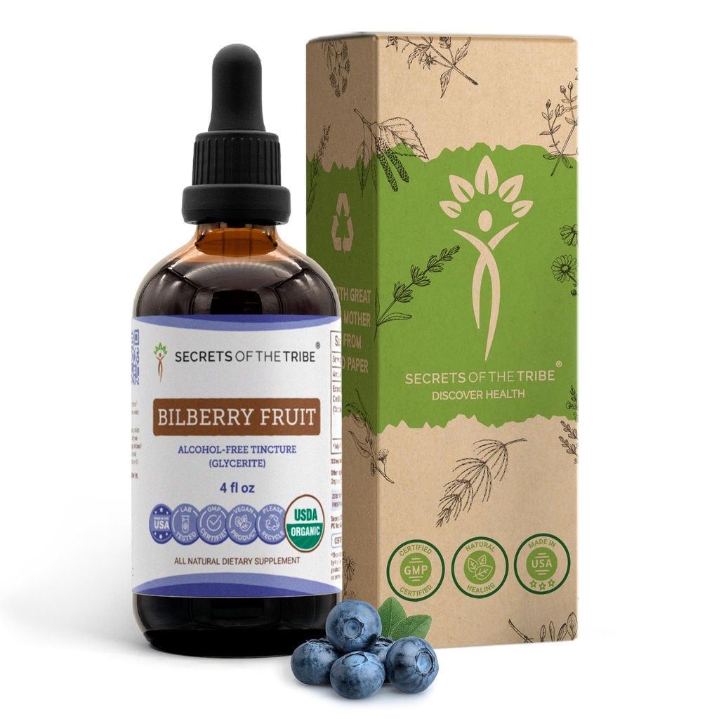 Secrets de la Tribe Bilberry Fruits bio USDA Extrait sans alcool, gouttes à base de plantes à haute puissance, Vision.