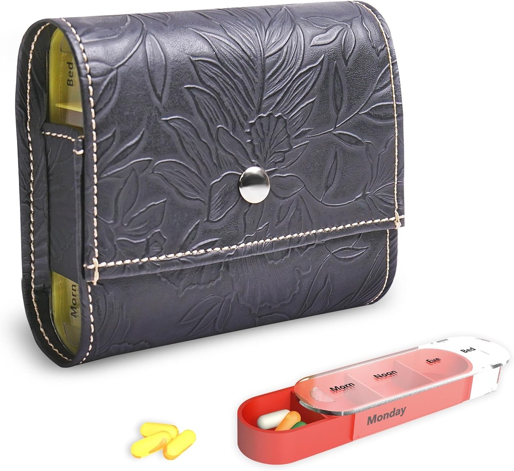 Organisateur de pilules, LIZIMANDU Boîte à pilules de voyage hebdomadaire Rappel de médicaments tous les jours AM PM, nuit de jour 7 compartiments, pour 4 fois par jour, 7 jours une semaine-inclut le cuir PU cas de transport (1-Cartved Black)