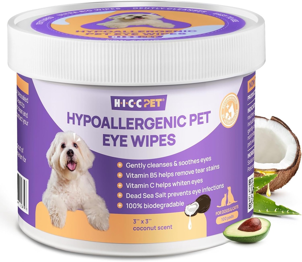 Wipes pour les yeux HICC PET pour chiens et chats, traitement d'infection pour les yeux de chien recommandé par les vétustes, enlever délicatement la tache, les débris, décharge - Nettoyant pour les yeux hypoallergénique pour les yeux, ride, visage - 100pcs