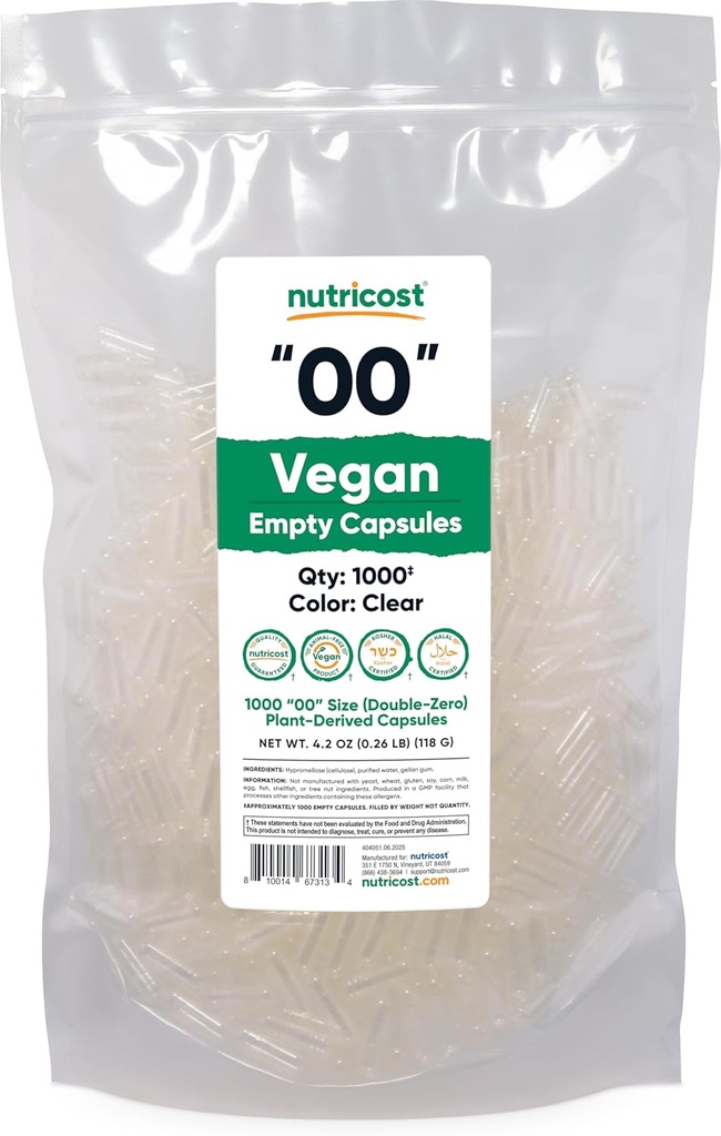 Nutricost Capsules vides Taille 00 Vegan - 1000 Capsules vides claires à base de plantes - Certifié Casher, certifié Halal, non-OGM, sans soja, sans gluten, végétarien