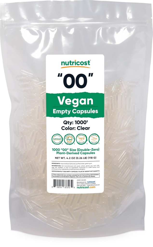 Nutricost Capsules vides Taille 00 Vegan - 1000 Capsules vides claires à base de plantes - Certifié Casher, certifié Halal, non-OGM, sans soja, sans gluten, végétarien
