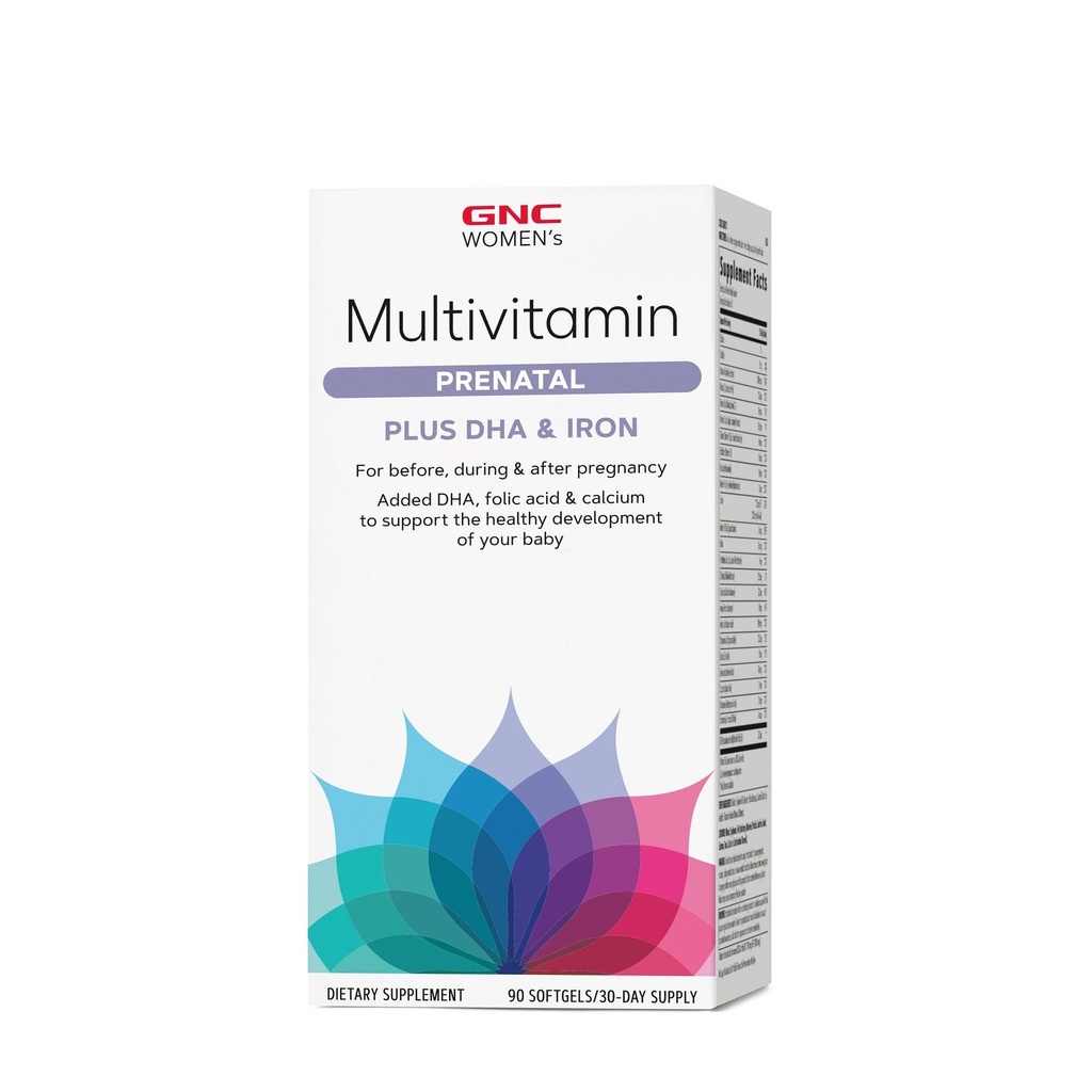 Formule multivitamine prénatale GNC pour femmes avec DHA et fer, soutien à la grossesse et au développement d'un bébé en santé, nutriments essentiels Acide folique, zinc, calcium Plus vitamine B, 90 softgels