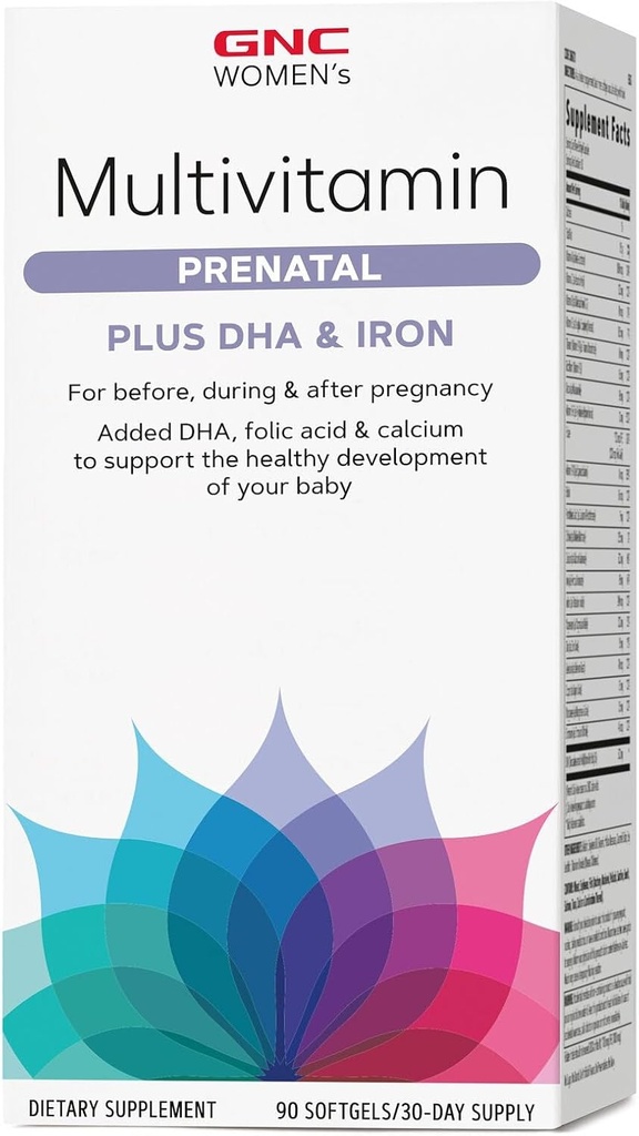 Formule multivitamine prénatale GNC pour femmes avec DHA et fer, soutien à la grossesse et au développement d'un bébé en santé, nutriments essentiels Acide folique, zinc, calcium Plus vitamine B, 90 softgels