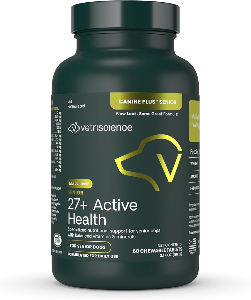 VetriScience Senior 27+ Tablettes à croquer, Canine Plus Multivitamine quotidienne pour chiens seniors, vitamines équilibrées, minéraux et antioxydants, soutien au vieillissement et au mieux-être, Veggie, 60 Nombre