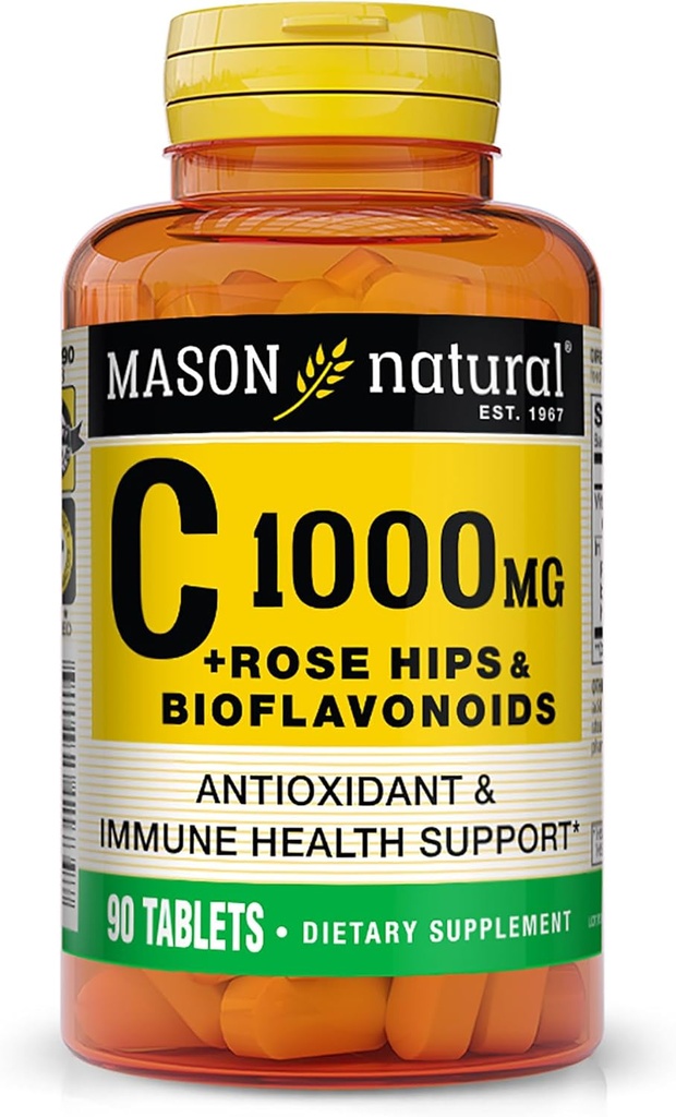 MASON NATURAL Vitamine C 1000 mg Plus Rose HIPS et Complexe Bioflavonoïdes - Supporte un système immunitaire sain, antioxydant et nutritif essentiel, 90 comprimés